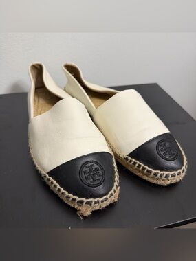 Tory Burch Leather Colorblock Espadrille Flat Women Size 8.5 Cream Black Slip On